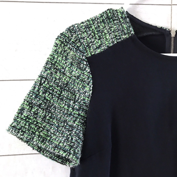 J.Crew Navy Blue Green White Tweed Sleeve Top - Picture 4 of 8